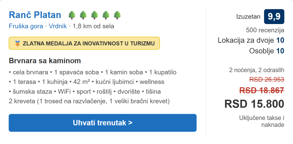 fruska gora vikend u brvnari sa kaminom za dvoje